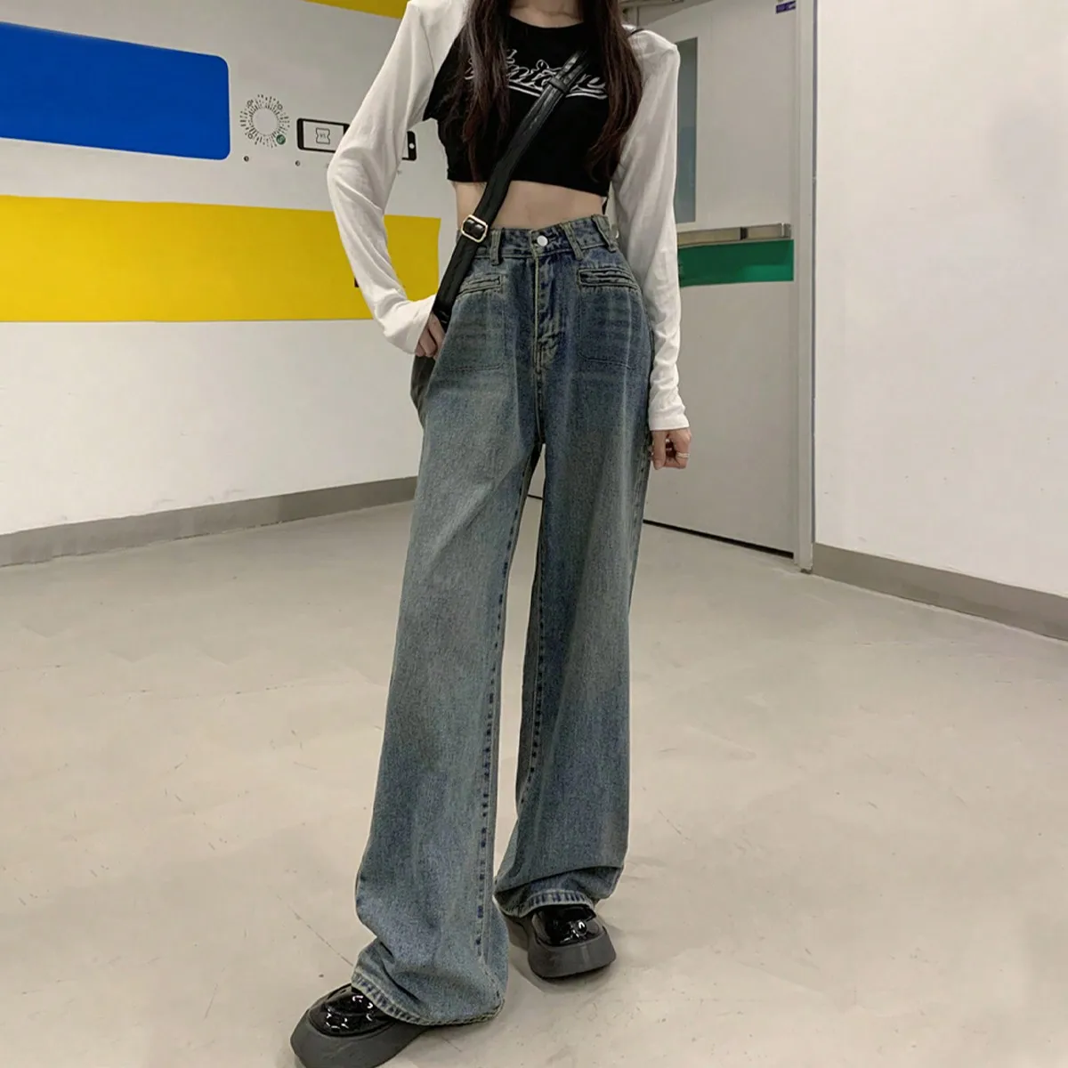 Korean Chic Early Autumn American Retro High-Waisted Slimming Look Drapedy Wide-Leg Pants for Small People Tall Straight Jeans for Women Iqojian Individual Cymbals