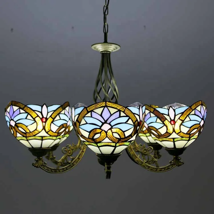 110V-120V 6 Lights LED Pendant Light  Stained Glass Love Patterned Brass Finish Chandelier 35.5Inch Living