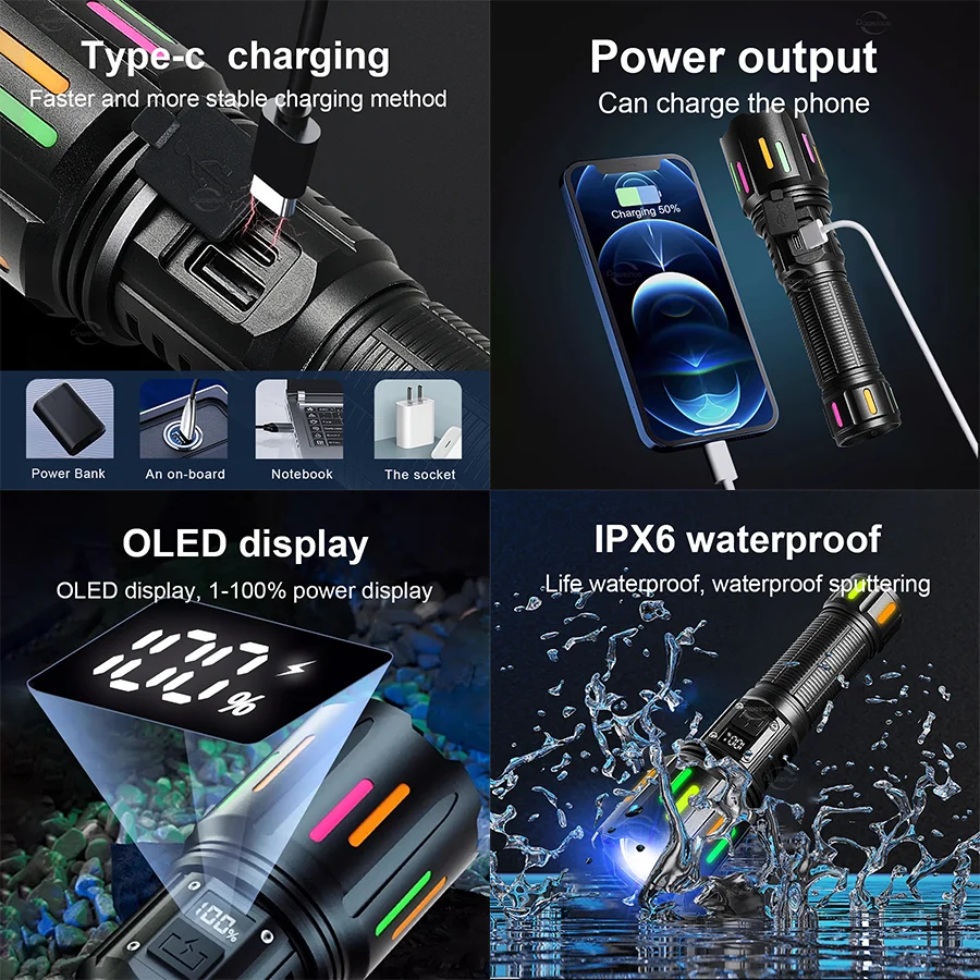 2025 Ultra Bright LED Flashlight USB Rechargeable Zoom Flashlights Long Range 4500M Tactical Torch Camping Fishing Hunting Lamp