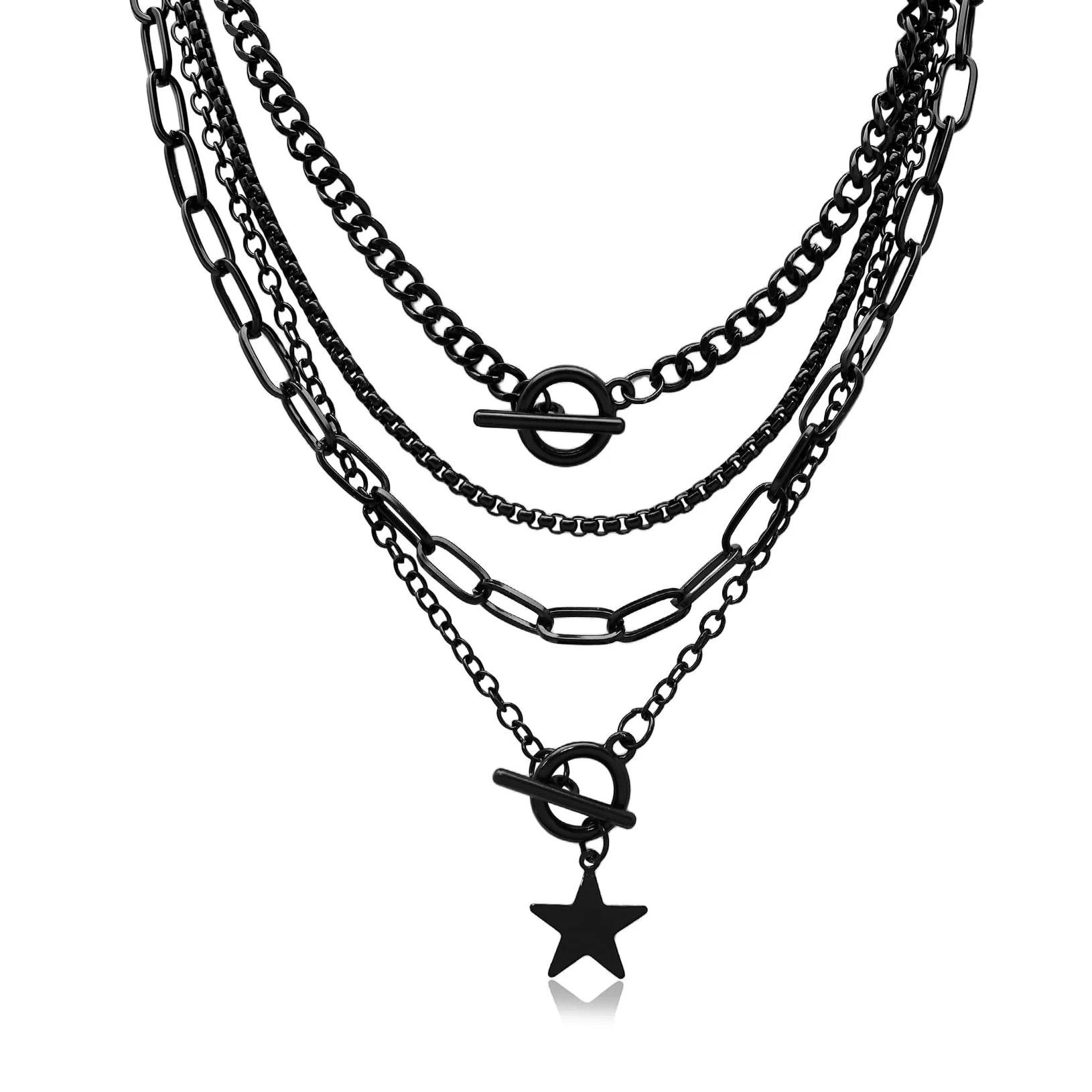 Layered Star Goth Necklace & Emo Studded Bracelets Set, Unisex