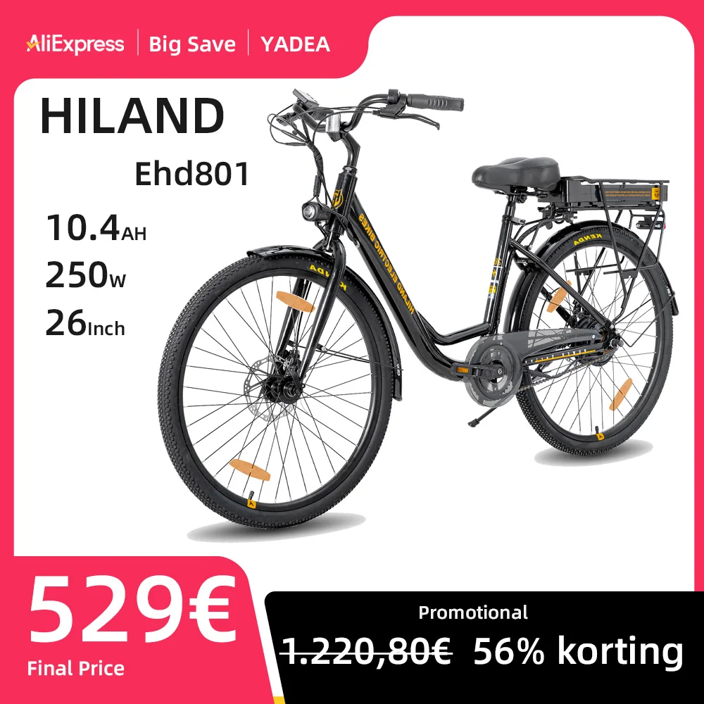 HILAND Ehd801 Adult Electric Bike, 26 Inch 250W Men Women E-Bike with Throttle, Removable Battery, LCD Display, 20 MPH Electric