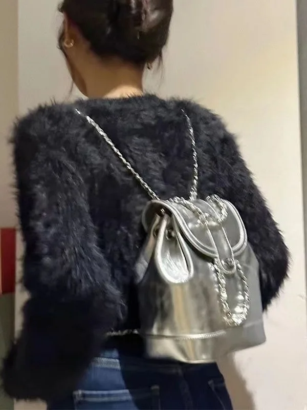 

New Simple Versatile High-End Chain Bookbag Women Rucksack Leather Oil Wax Shoulder Bag Chains Backpack