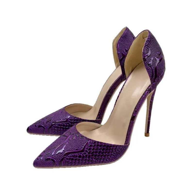 Purple Embossed Crocodile Effect Women Pointy Toe Slip On Hollow  High Heel Shoes for Party Sexy Ladies Dress Stiletto Pumps