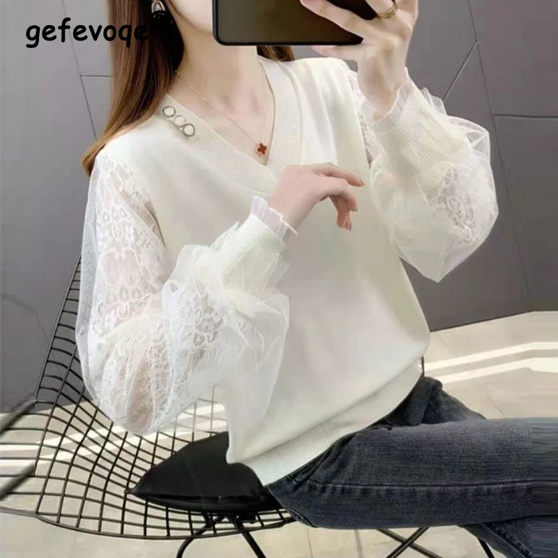 

Spring Fall Fashion V Neck Mesh Lace Patchwork Chic Knitwear Women Casual Loose Long Sleeve Pullover Top Female Knitted Sweaters