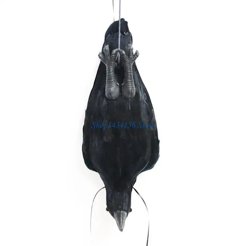 H7ED Hanging Dead Crows Decoy 16.92'' Large Black Feathered Crow