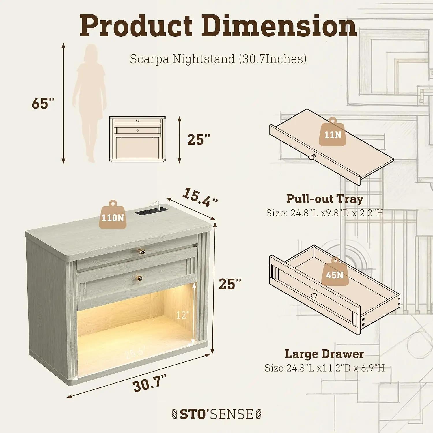 Nightstand with Charging Station & LED Light, Bedside Table with Drawers & Pull-Out Tray, Bedroom End Table, Customized
