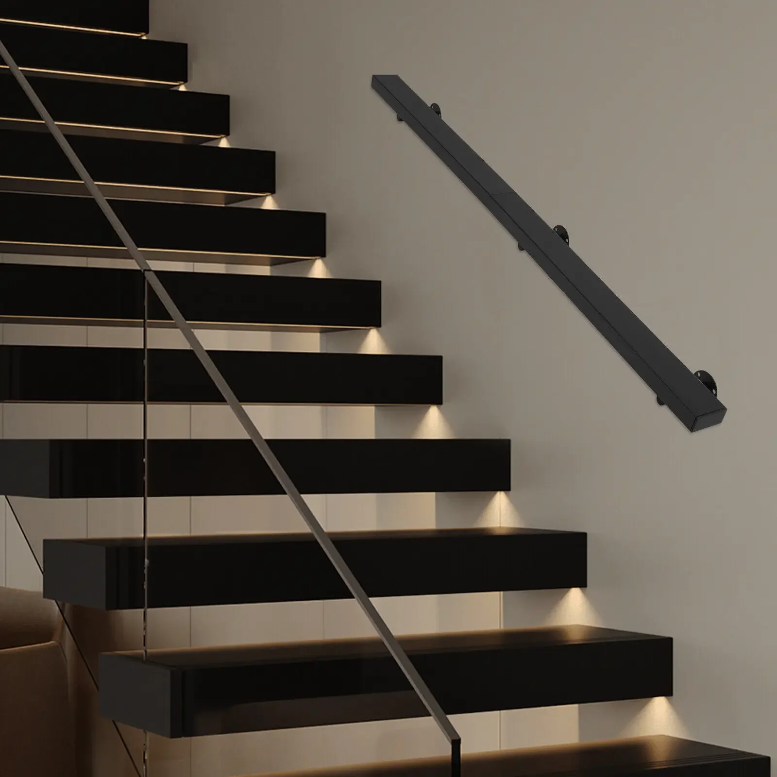 

5FT 200lb Rectangular Stainless Steel Stair Railing Kit - Modern Black Handrail for Indoor & Outdoor Use