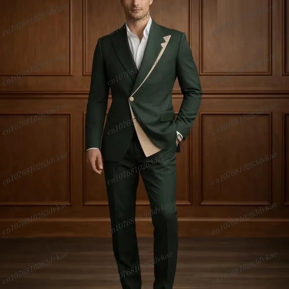 

Dark Green And Beige Men Suit Groom Groomsman Wedding Party Prom Formal Occasion Business Tuxedos 2 Piece Set Blazer Pants