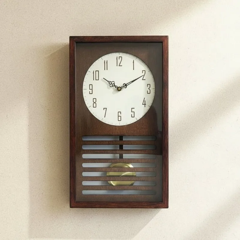 Nordic Solid Wood Wall Clock, Simple Living Room Quartz Clock, Swinging Vintage New Chinese Style Music Chime Clock