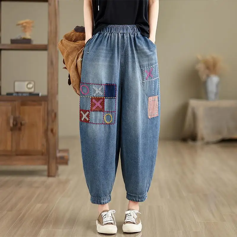 

New Arrival Spring Original Design Women Elastic Waist Cotton Denim Harem Pants Vintage Embroidery Patches Loose Jeans