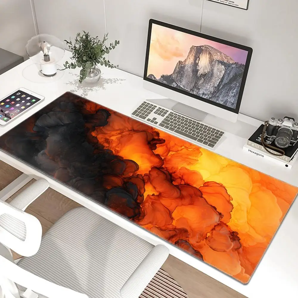 80x30 Abstract Cloud Desk Mat Large Ink Golden Orange Sparks Gaming Mouse Pad Non-Slip Rubber Base Stitched Edge Deskpad