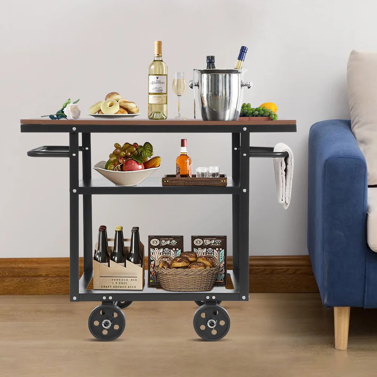 3 Tier Industrial Mobile Serving Cart With Wheels, Rolling Kitchen Storage Trolley With Side Handles, Particle Board & Carbon Steel Utility Cart For Cafe Restaurant Bar Home