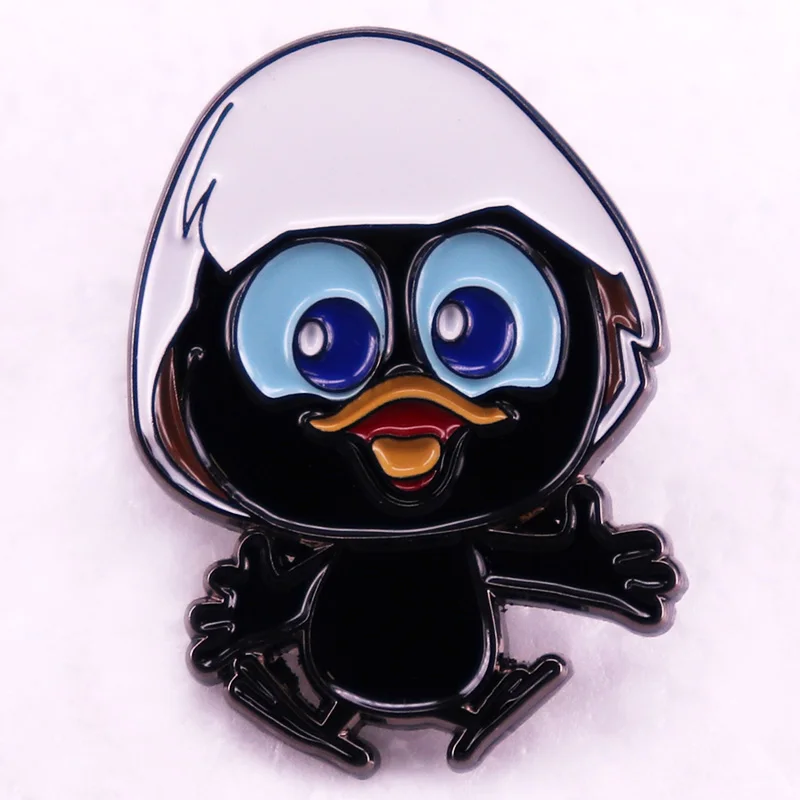 Cartoon cute bird with eggshell on head Black Chick Calimero badge soft Enamel Pin brooch jewelry