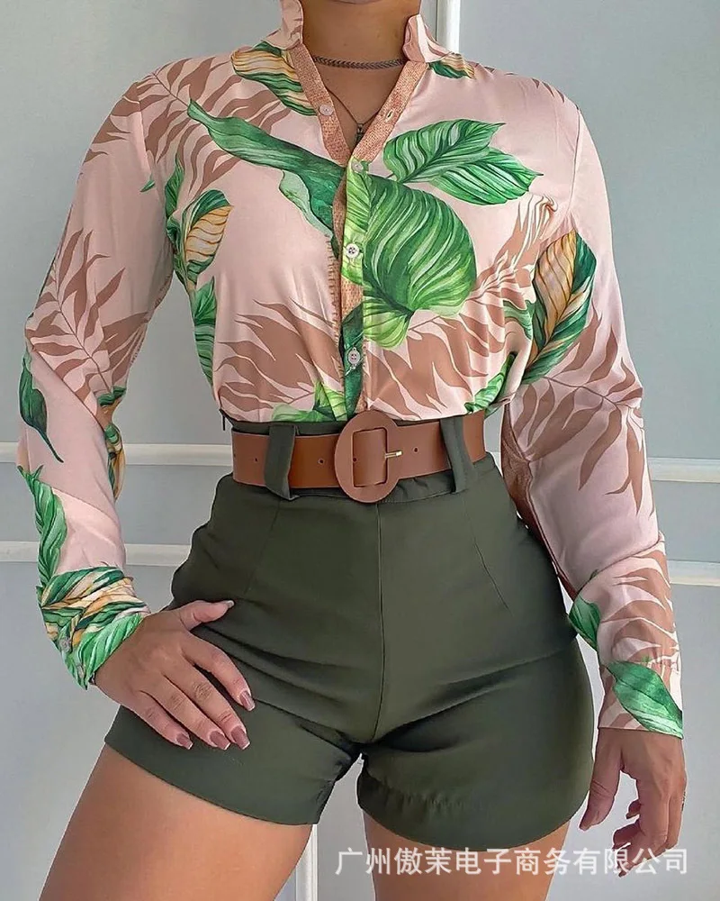 

2026Outfit Summer Tropical Print Long Sleeved Stand Collar Shirt & High aiWst Casual Shorts Set Without Belt Two Piece Set
