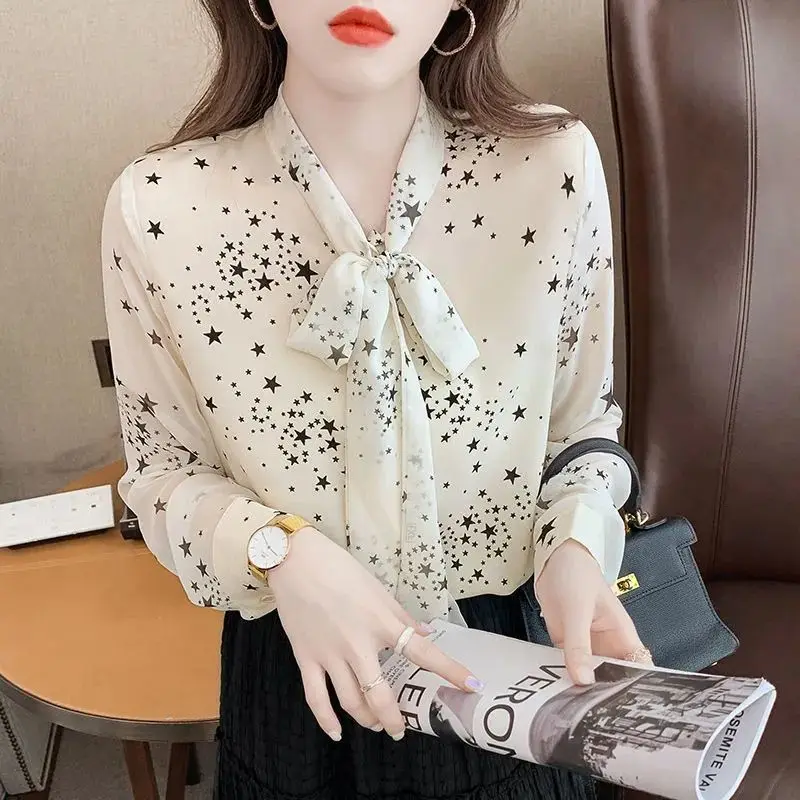 

Elegant V-Neck Printed Drawstring Oversized Bow Chiffon Blouse 2022 New Loose Chic Tops Casual Women's Clothing Commute Shirt