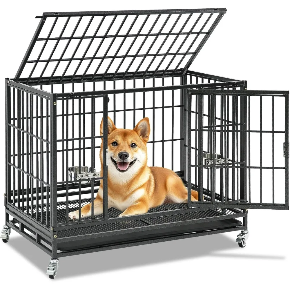 

36 Inch Collapsible Heavy Duty Dog Crate, Foldable Indestructible Dog Crate with Bowls & Lockable Wheels, Double Door Dog Kennel