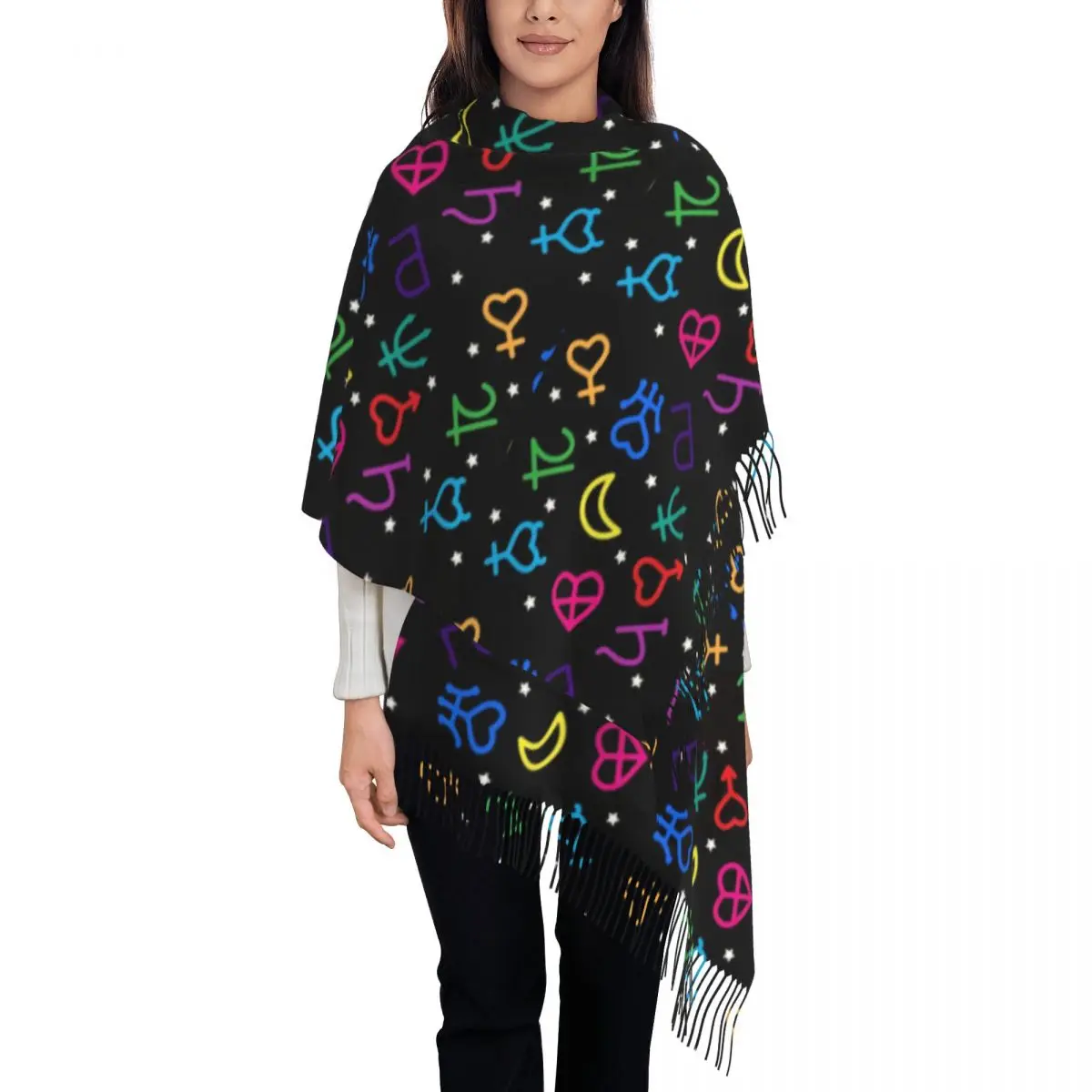 Custom Ladies Large Rainbow Planetary Symbols Scarves Women Winter Thick Warm Tassel Shawl Wrap Sailors Cartoon Moon Scarf