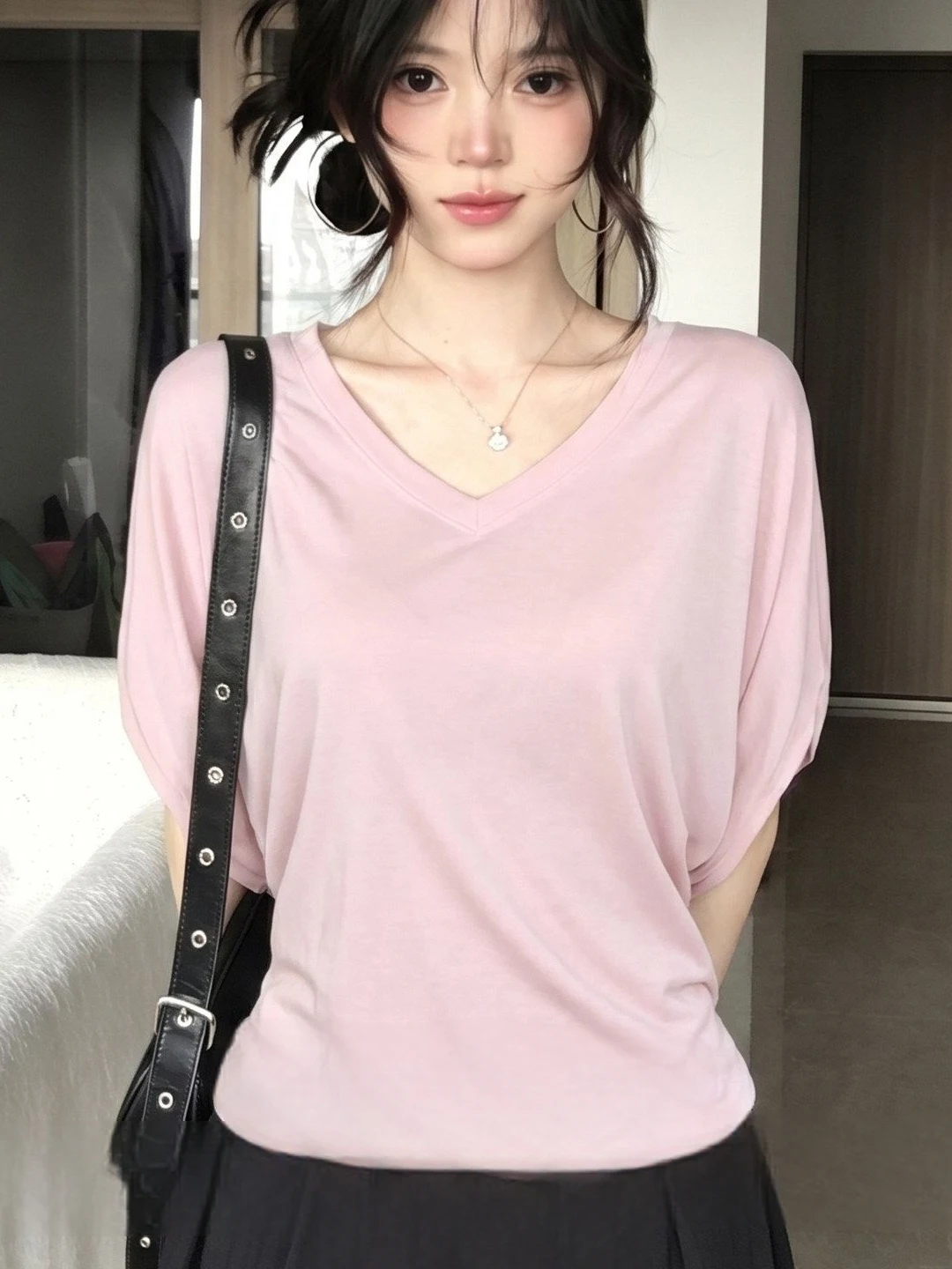 Pure Desire Atmosphere Batwing Sleeve Micro Transparent T-Shirt Women's Summer Slimming Design Unique Pink V-neck Top