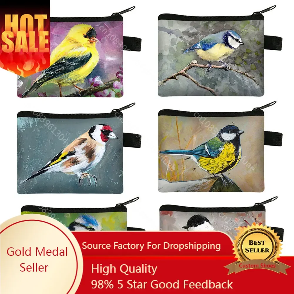 

Cute Birds Goldfinch / Blue Marsh Tit Print Coin Purse Coal Tit Women Wallet ID Credit Card Key Earphones Holder Money Coin Bags