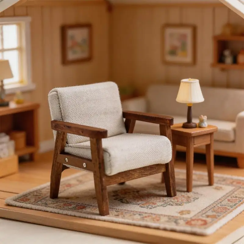 1/12 Scale Dollhouse Miniature Single Arm Chair Mini Wooden Fabric Frame Reading Chair Artificial House Room Scene Couch Model