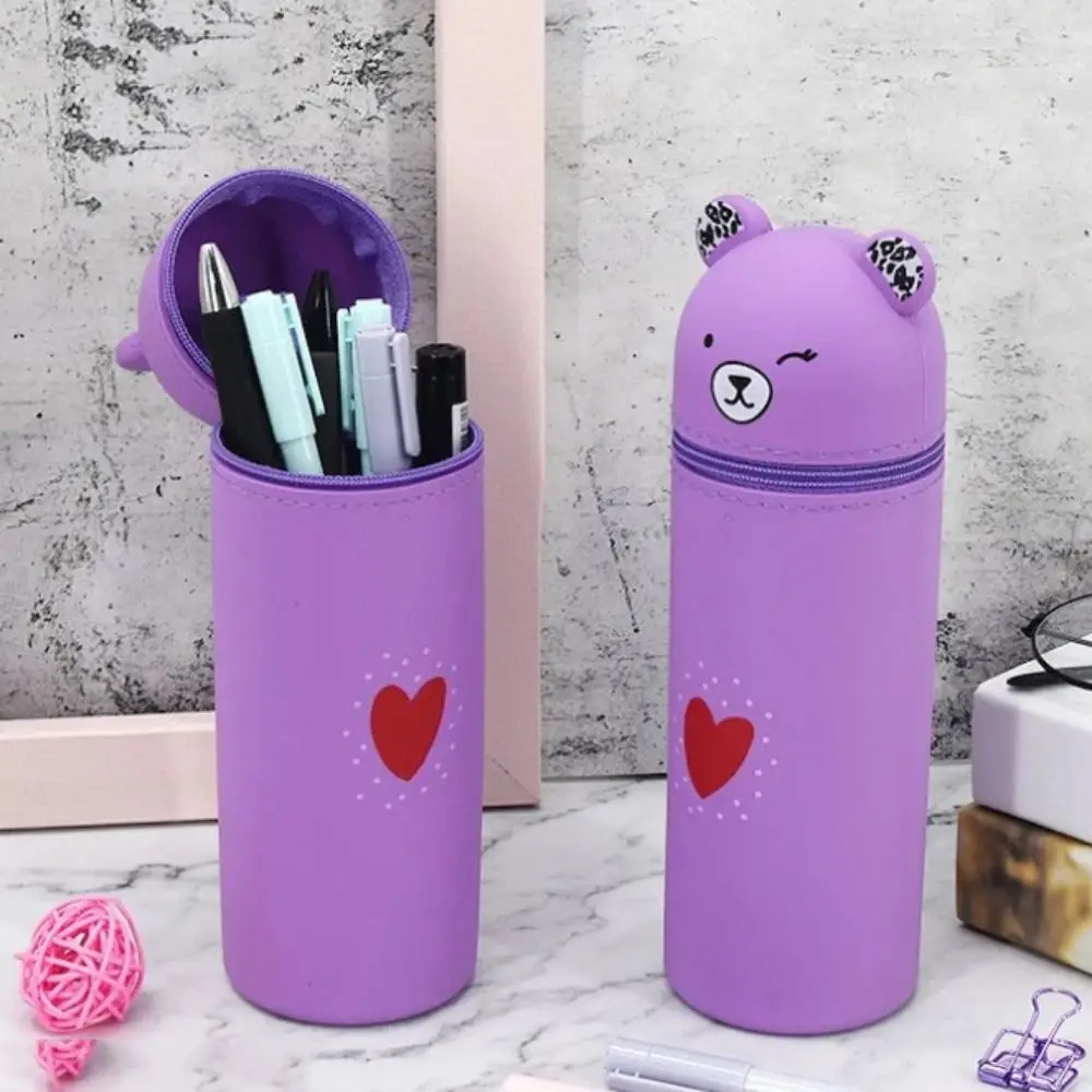 INS Silicone Cartoon Bear Pencil Case Soft Retractable Pencil Pouch Creative Stand Up Stationery Box Student