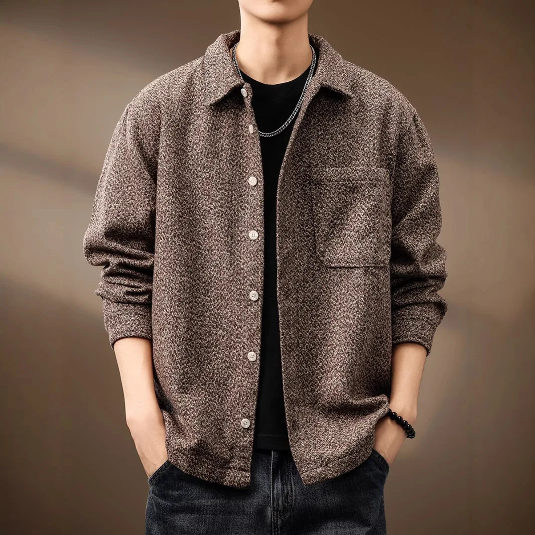 Spring Autumn New American Style Men Grey Brown Black Turn-down Collar Pocket Long Sleeve Simple Daily Basic Shirts Male Tops