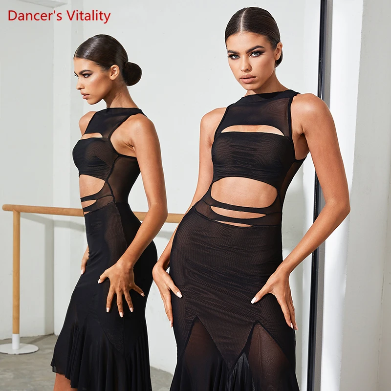 

Latin Dance Professional Dress for Women Mesh Sleeveless Fishtail Skirt Chacha Rumba Dance Costume Girl's Latin Practice Skirt