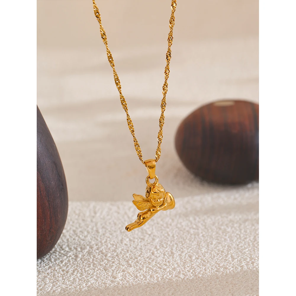 Yhpup Stainless Steel Angel Heart Pendant Expressing Love Blessing Necklace 18K PVD Plated Waterproof Jewelry Gift Accessories