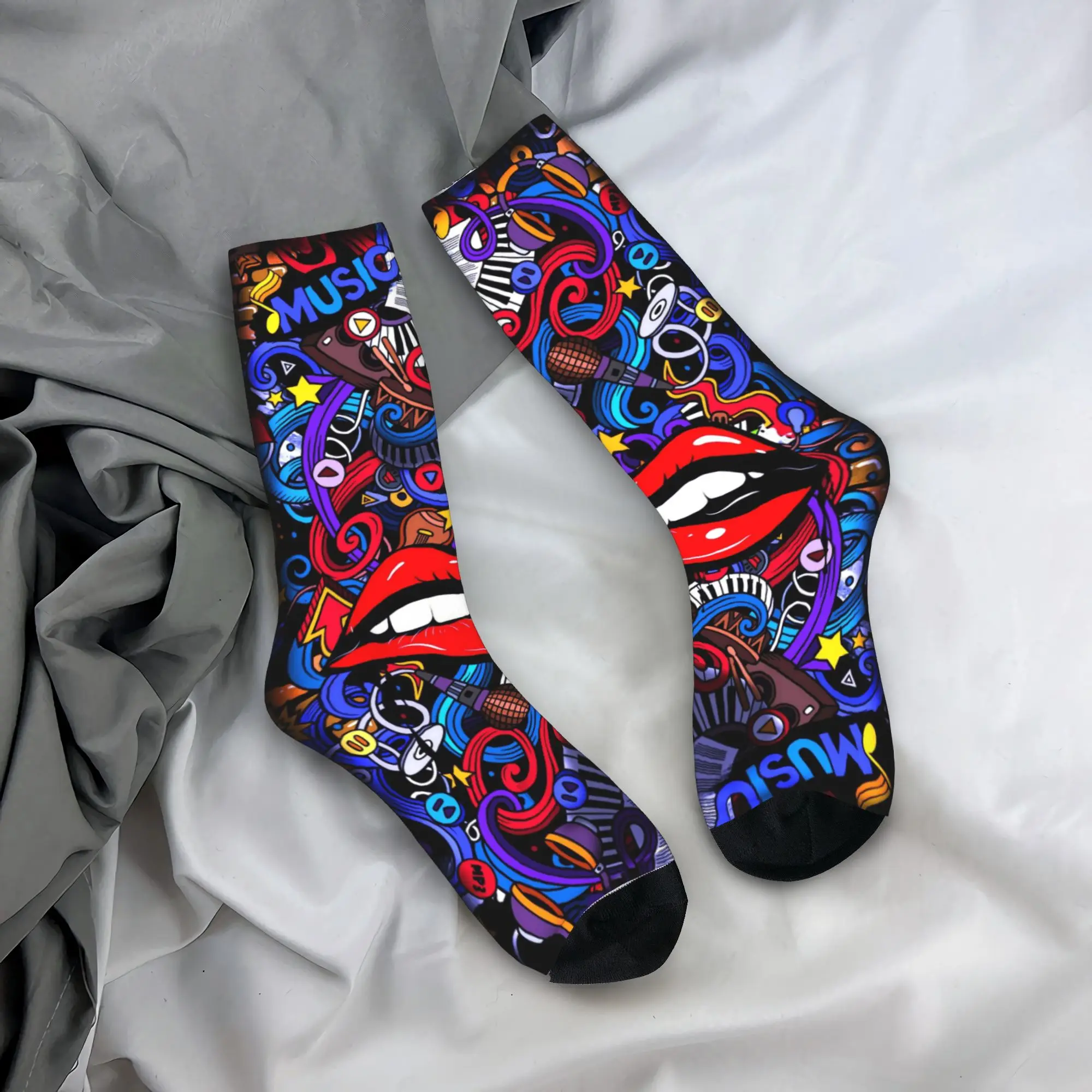 Harajuku Neon Lip Graffiti Art Stockings  Graphic Modern Socks Winter Non-Slip Socks Couple Running Sports Warm Soft Socks