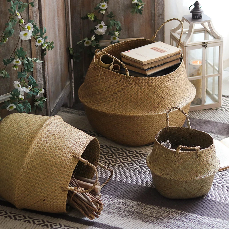 Seaweed woven folding storage basket Flower basket rattan woven portable pot living room decoration storage basket