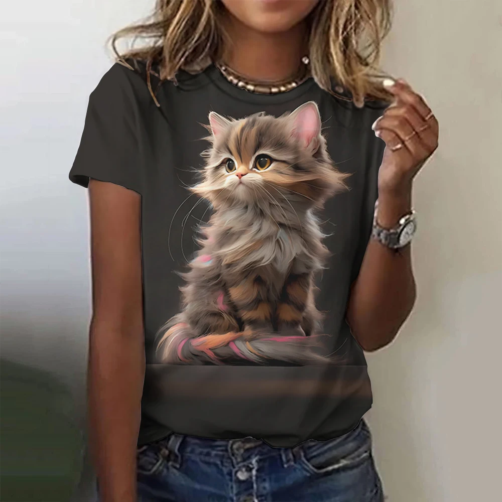 2024 Summer Women\'s Kawaii Cat Print T-shirt  Plus Size Top Trend Harajuku Clothing Crew Tee Female Short Sleeve Shirt