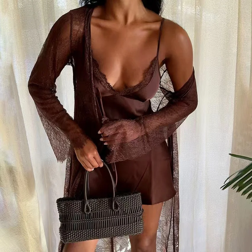

Sexy Lace Nightgown Set with Strap Srobe Short Sleeve V-Neck Long Sleeve Home Clothes for Young Women Summer Thin Fabric