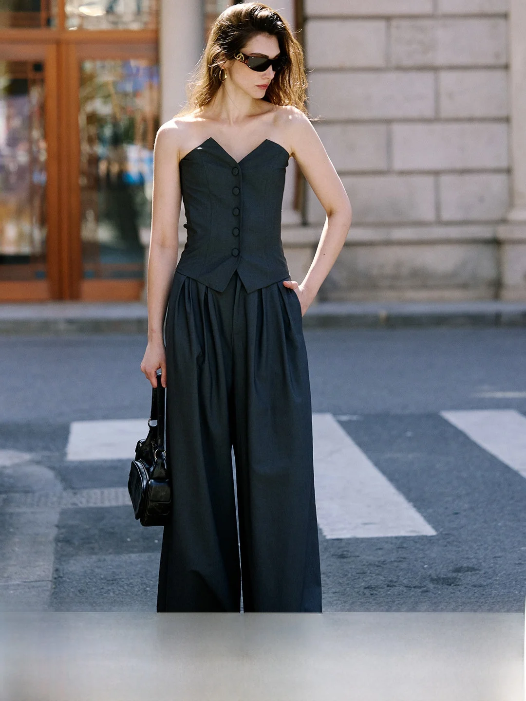 

Luna7xi Grey High Waist Wide Leg Suit Pants Set Women's Two Piece Suit Vest Top Gathered Waist Fashion Spring Outfit