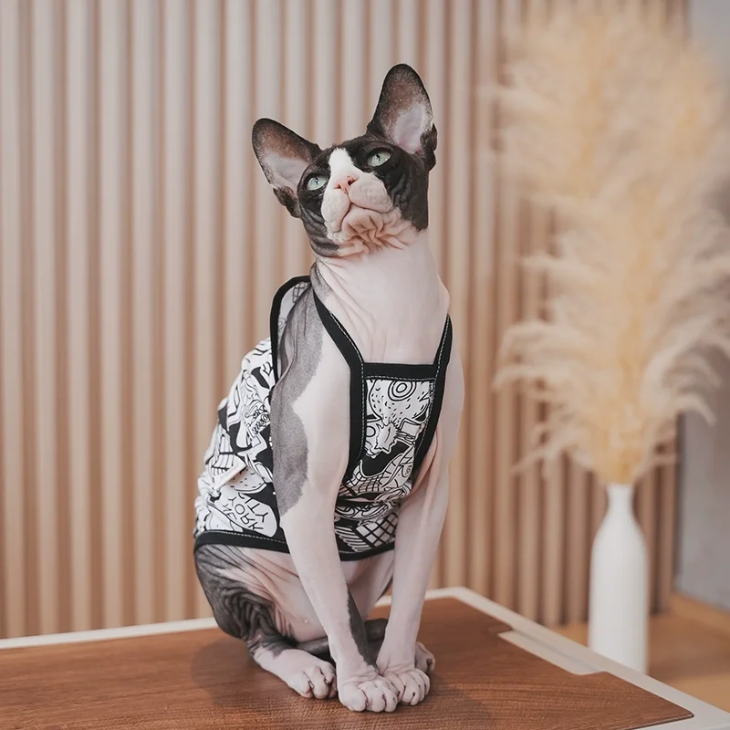 Sphynx Cat Clothing Sphinx Black Pattern Cotton Vest Soft Cute Sleeveless Shirt Kittens Coat Breathable Devon Rex Soft Clothing