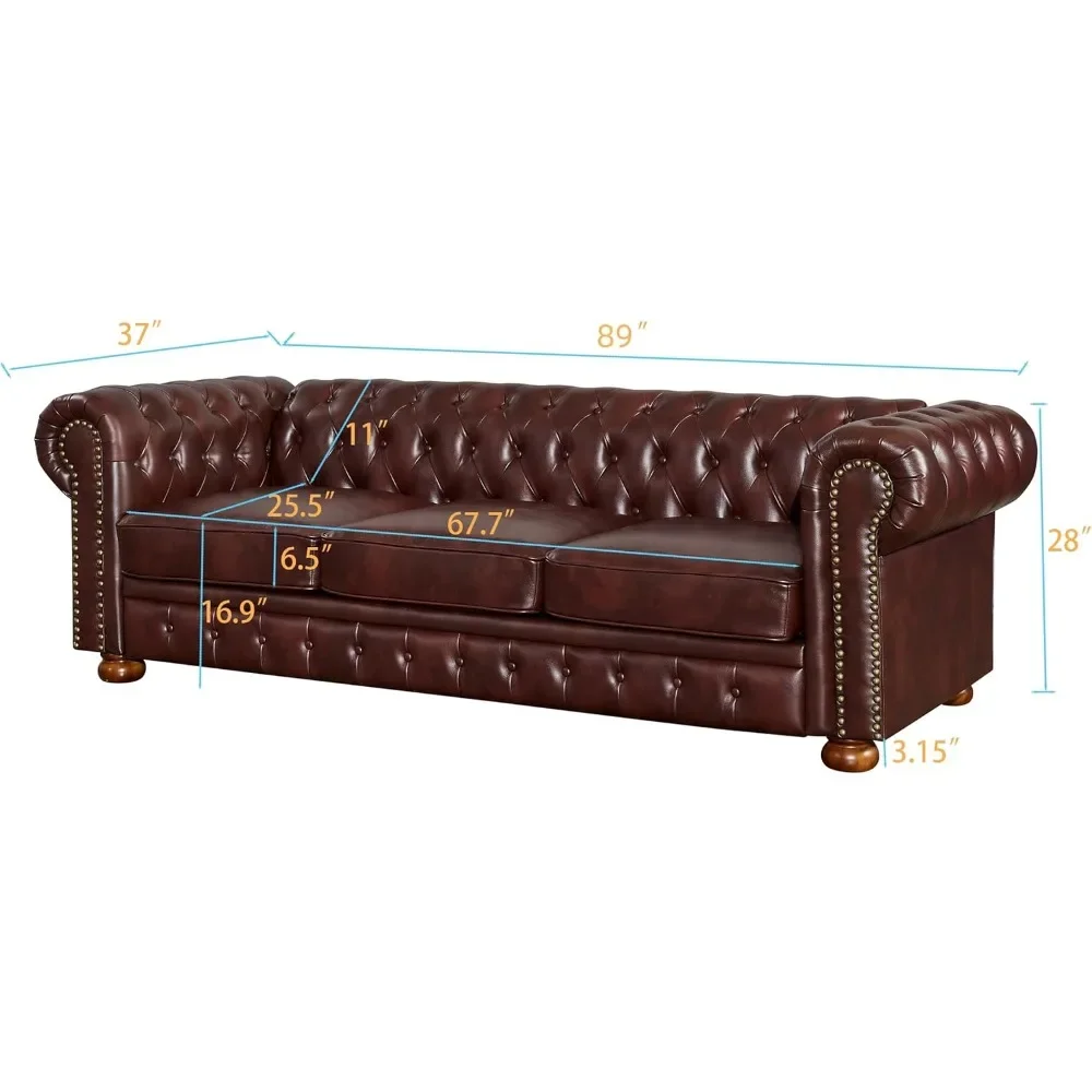 89" Faux Leather Couch Upholstered Sofa with Low Back, Roll Arm Nailhead Trim Classic 3 Seater Sofa image 2