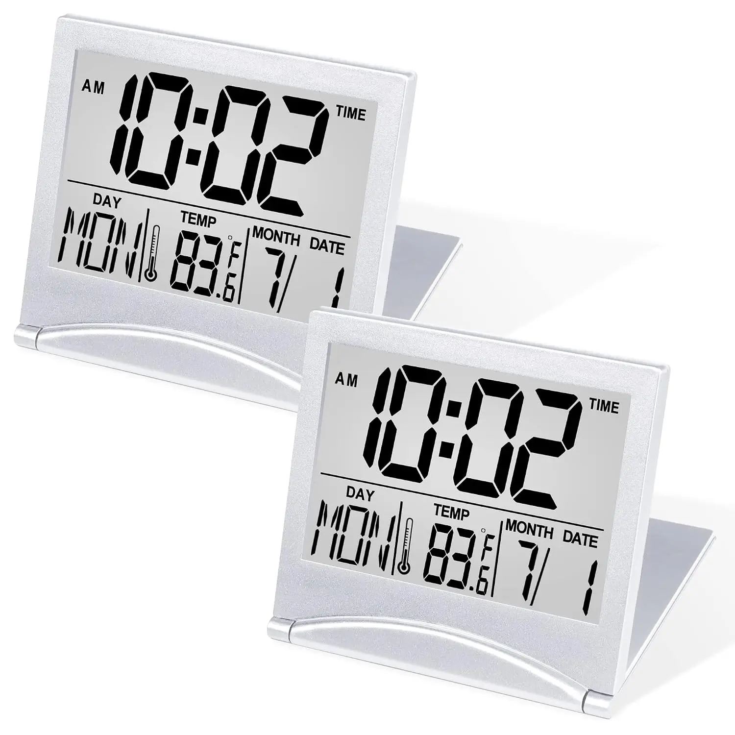 Digital Travel Alarm Clock - Foldable Calendar Temperature Timer LCD Clock with Snooze Mode - Large Number Display,, Customized