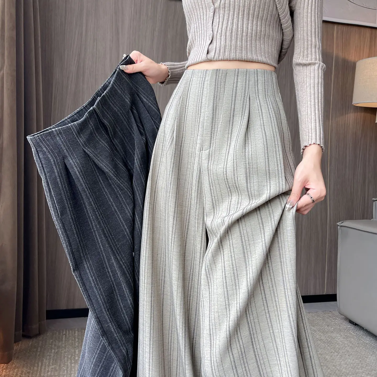 Women's Pinstripe Wide Leg Pants, High Waist Pleated Oversized Trousers, Casual Streetwear Bottoms ﻿