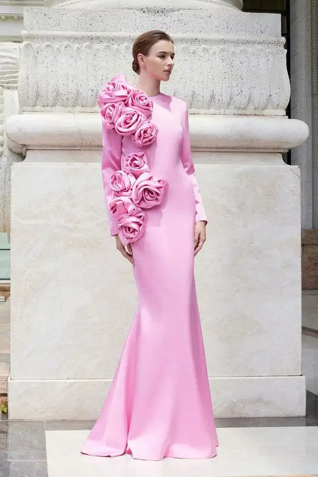 Dora Kleid 2024 Frauen einfarbig Senior Kleid Plissee Rose drei dimensionale Blumen dekoriert Langarm Kleid Party kleid