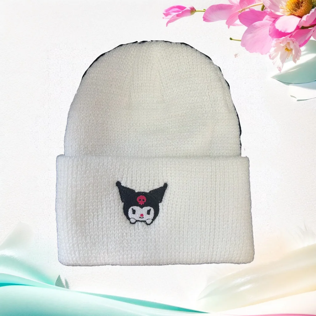 Kawaii Sanrio Kuromi czapki z dzianiny kreskówka haftowana czapka śliczna ciepła rozciągliwa czapka dla dorosłych dzieci czapki na zewnątrz prezent