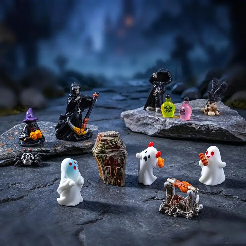 Hot Halloween Miniature Figurine Bone Skull Coffin House Chair Halloween Mini Resin Cartoon Scary Ghost Statue Party Ornaments