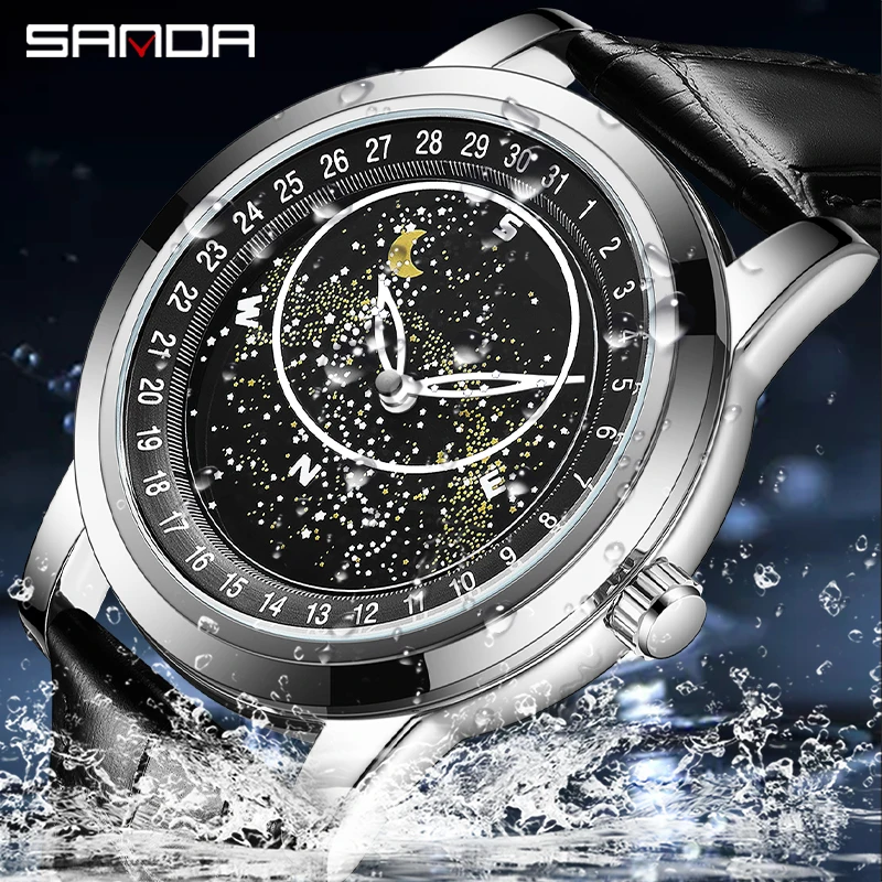 SANDA New Quartz Watch Fashion Trend Korean Version 7002 Belt Rotary Dial Men's Watch Glow in the Night Watch Waterproof Reloj