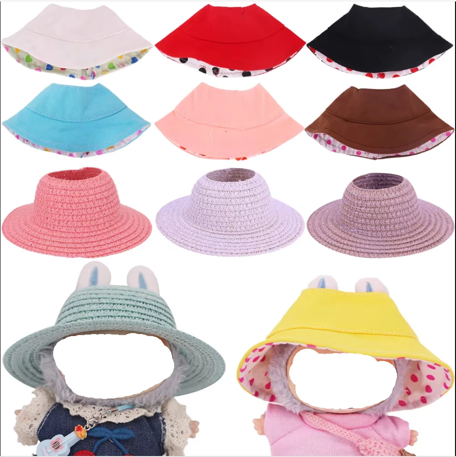 

Solid Color Straw Hat for labubu 17cm Plush Doll Accessories Cute Polka Dots Sunhat Plush Stuffed Toy Decoration Kpop Dolls Gift