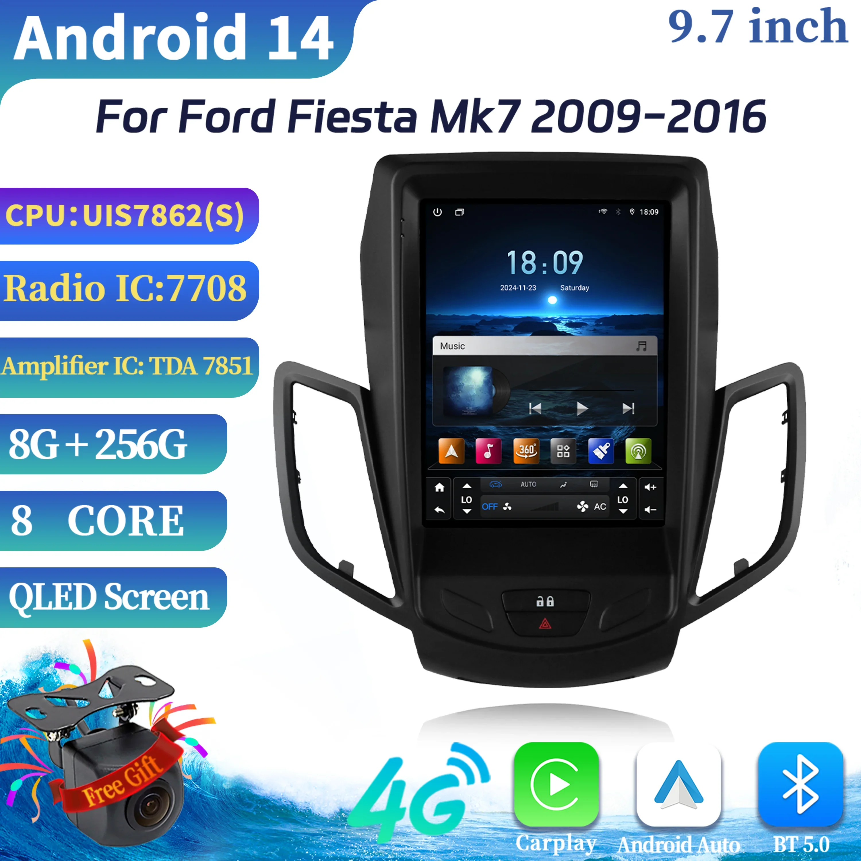 9.7inch Android 14 For Ford Fiesta Mk7 2009-2016 Car Radio Multimedia Player Navigation CarPlay Android Auto 4G GPS Touch Screen