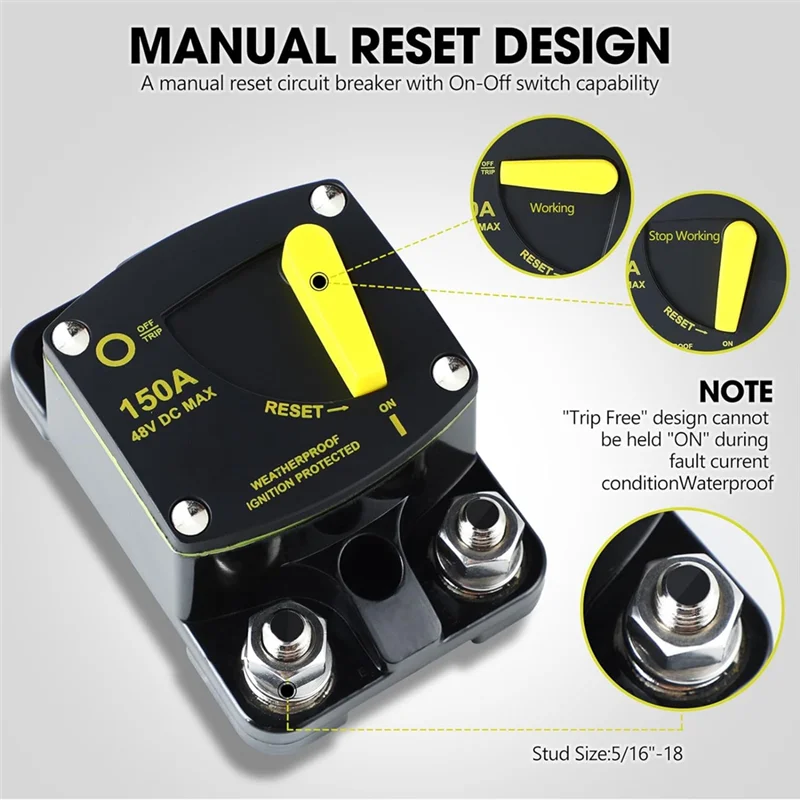 

Leading-Edge-150 Amp Circuit Breaker High Amperage Black Plastic For Marine Rvs Yacht Trolling Boat Battery Solar System