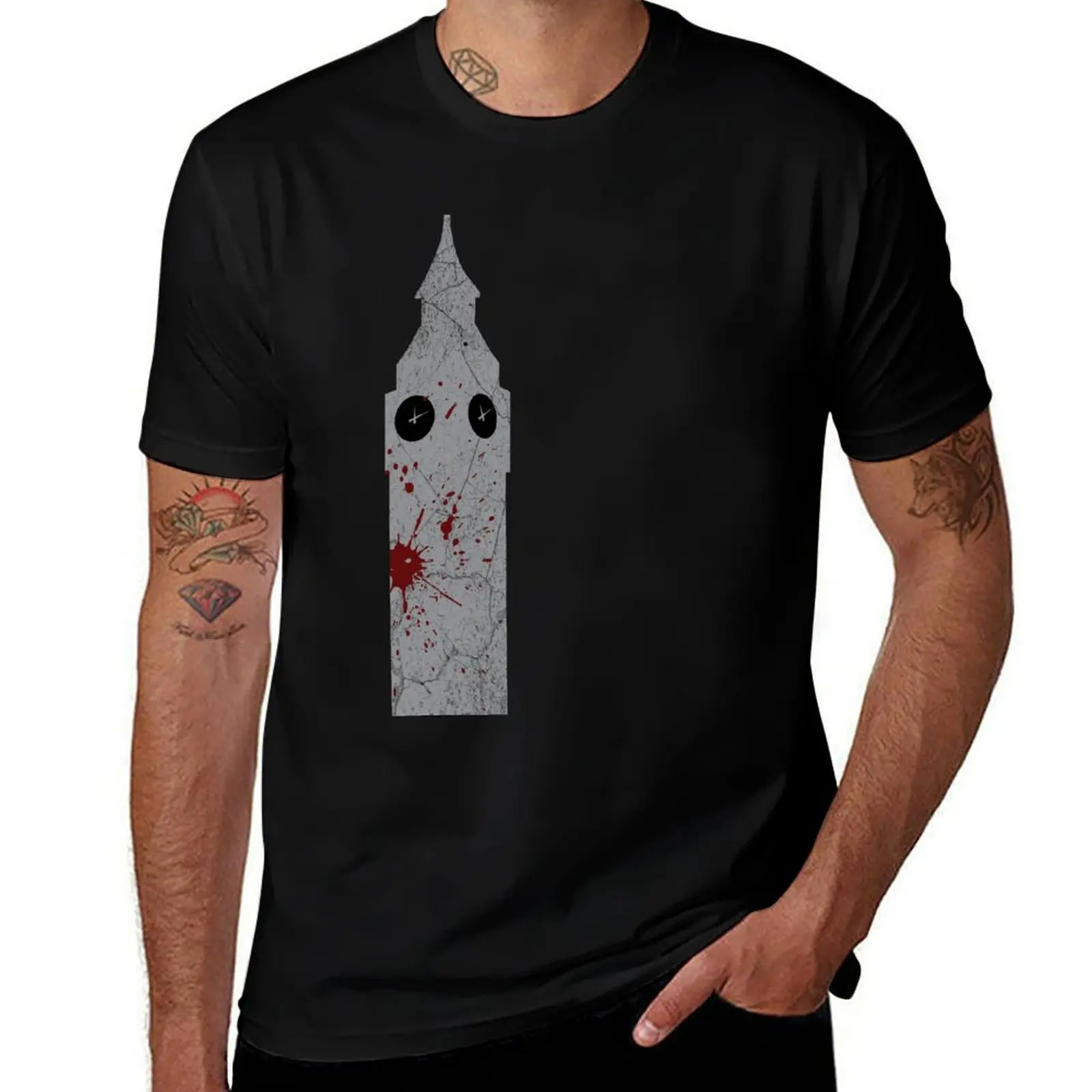 Blood Spattered Clocktower (grey) T-Shirt Casual Streetwear Short Sleeve Tee T-Shirt