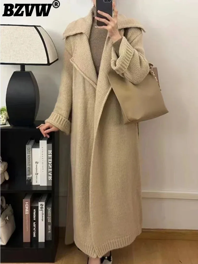 

BZVW Korean Knited Cardigan For Women Lapel Long Sleeves Solid Color Casual Ankle Length Trench 2024 Autum Winter New 25A8729