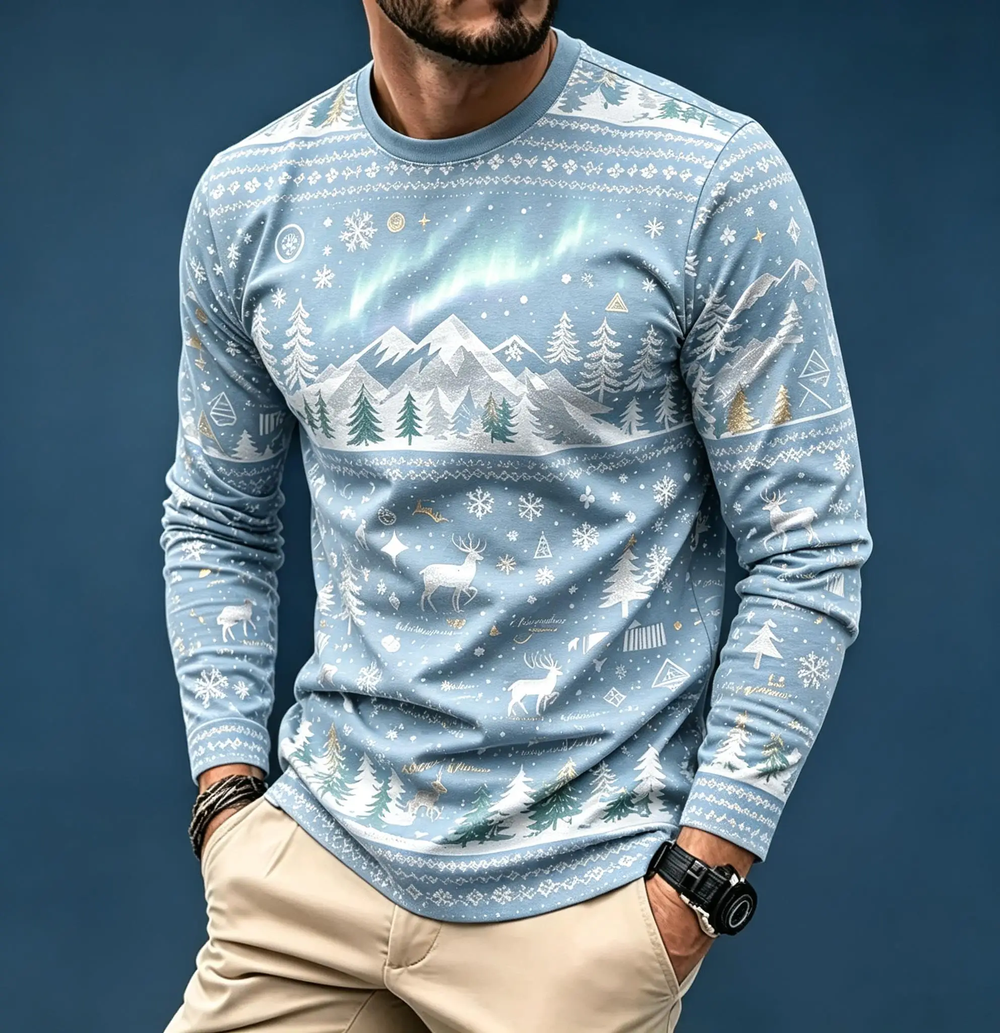 Men Winter Holiday Long Sleeve Tee, Nordic Snow Mountain Reindeer Aurora Fair Isle Allover Print Casual Shirt