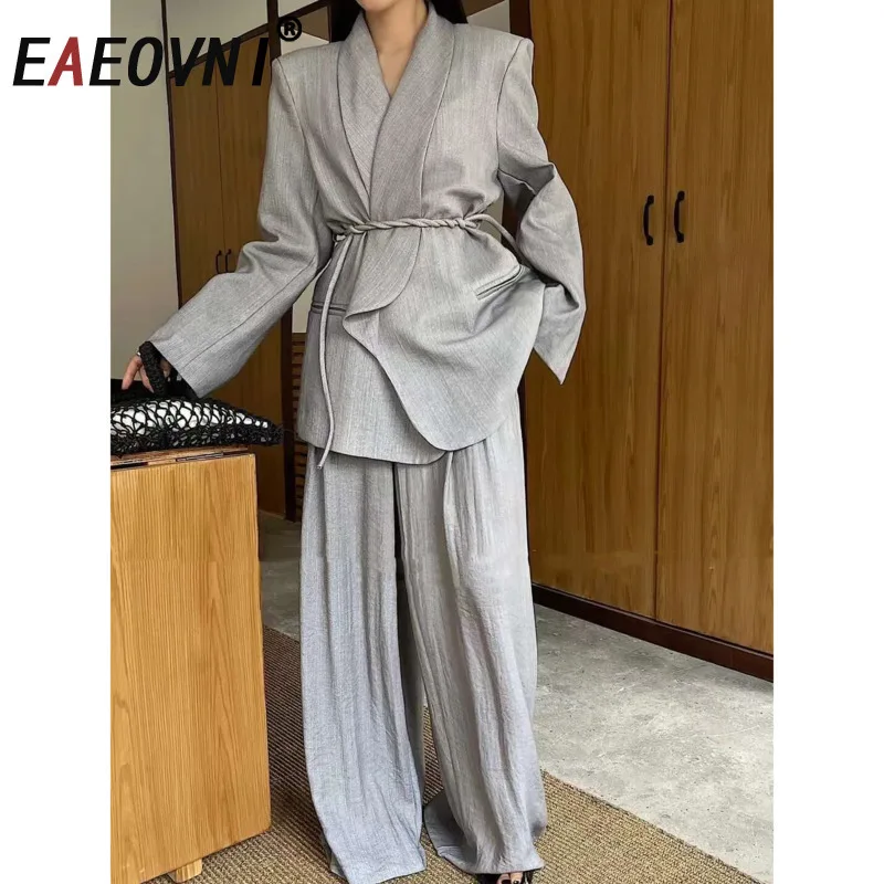 

EAEOVNI Fashion Women 2 Piece Set V Neck Bandage Gathered Waist Coat + Wide Leg Long Pants Office Lady 2025 New Clothing 1A1181