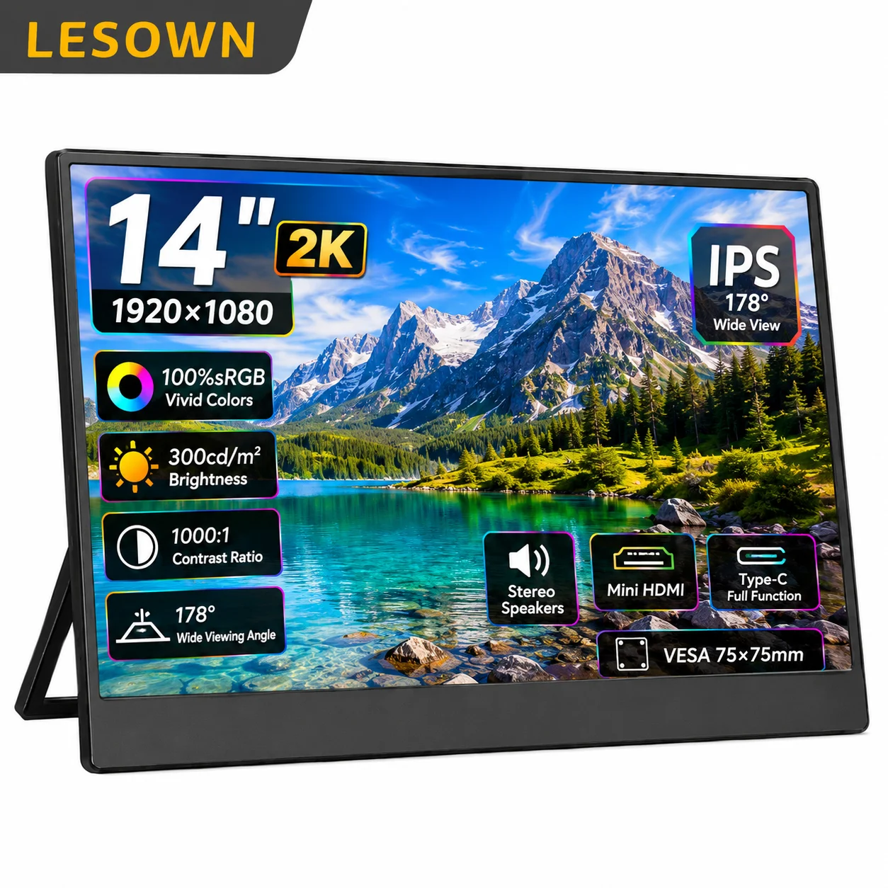 LESOWN 14.0 Inch Mobile Monitor Driver-free Extended Screen FHD Type-C Display VESA 75 Compatible for Chromebook