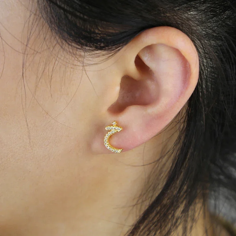 Gold Color Minimal Delicate Girl Women Jewlery Micro Paved CZ Arabic Letter Alphabet Stud Earring Wholesale